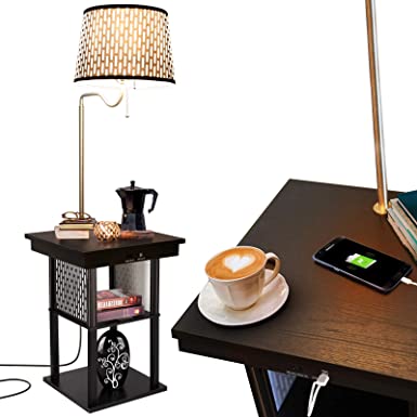 Albrillo Floor Lamp with Table, Modern Nightstand Lamp with USB Charging Ports，Swing Arm Floor Lamps for Living Room, Bedrooms, Black Shade