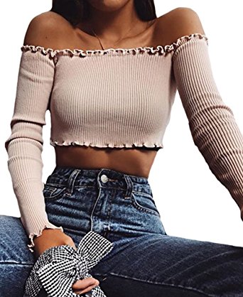 PRETTODAY Women's Sexy Off Shoulder Crop Tops 6 Colors Summer Long Sleeves Casual Slim Tees