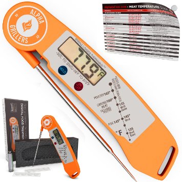 Alpha Grillers Instant Read Thermometer. Ultra Fast Digital Cooking Tool With BBQ Internal Meat Temperature Chart. (Spring Loaded Thermabud)