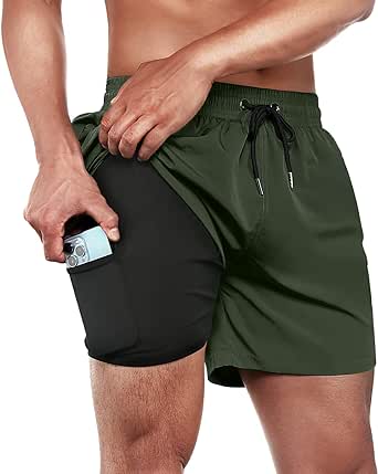 BRISIRA Mens Swim Trunks Swim Shorts Quick Dry 5 inch Inseam Beach Shorts with Compression Liner and Zipper Pocket