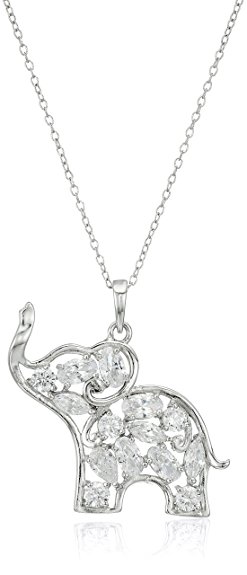 Rhodium Plated Sterling Silver White Cubic Zirconia Elephant Pendant Necklace, 18"