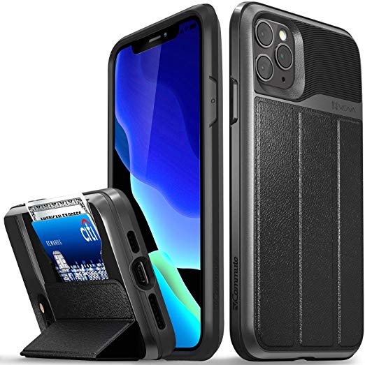 Vena iPhone 11 Pro Max Wallet Case, [vCommute] [Military Grade Drop Protection] Flip Leather Cover Card Slot Holder, Designed for iPhone 11 Pro Max - Space Gray (PC) / Black (TPU) / Black (Leather)