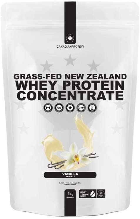 Canadian Protein Grass-Fed New Zealand Whey Concentrate 24g of Protein | 1 kg of Vanilla Low Carb Keto Friendly Workout Recovery Drink | Undenatured Whey Protein Shake