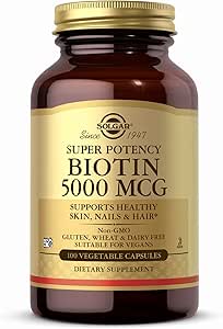 SOLGAR Biotin 5000 mcg - 100 Vegetable Capsules - Supports Healthy Skin, Nails & Hair - Non-GMO, Vegan, Gluten Free, Dairy Free, Kosher - 100 Servings