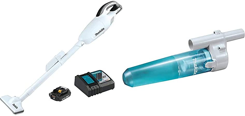 Makita XLC02RB1W 18V LXT Lithium-Ion Compact Cordless Vacuum Kit (2.0Ah) with 191D74-7 White Cyclonic Vacuum Attachment