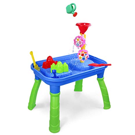 Sand Water Table 2 in 1 Activity Table Sand Box Tray Water Toys for Kids Outdoor Yard Games with Molds Shovel Rake Watering Can Summer Beach Toys Gift for Toddlers Boys Girls