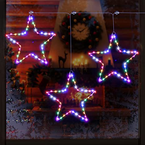 3 Stars LED Window String Lights, Multi Color Christmas Curtain Lights, Plug in Fairy Lights with 8 Lighting Modes Remote Controls for Xmas New Year Holiday Party Home Indoor Decoration