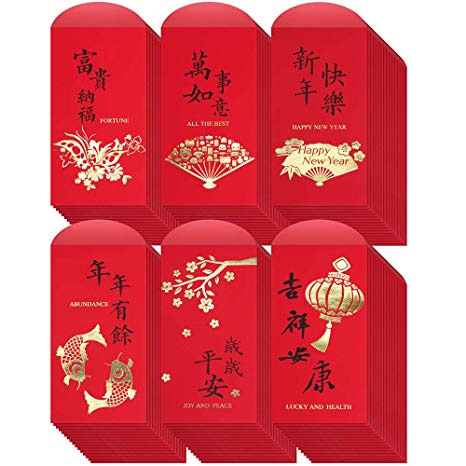 Supla 120 Pcs 6 Design Chinese Hong Bao Red Envelopes Chinese Lucky Money Envelopes Red Packet Lai See Lucky Packet Cash Envelope Red Pockets for Chinese New Year Wedding Birthday Year Of The Rat 2020