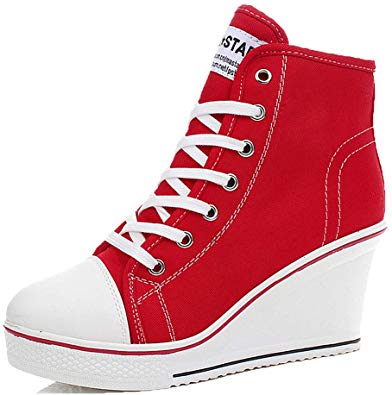 Padgene Women's Canvas Wedge Trainers Ladies Lace Up Side Zip High Top Ankle Boots Sneaker Pump Sport Shoes