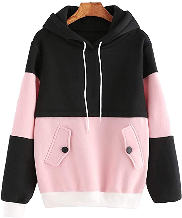 SweatyRocks Women’s Winter Color Block Long Sleeve Fleece Hoodie Sweatshirt with Pockets
