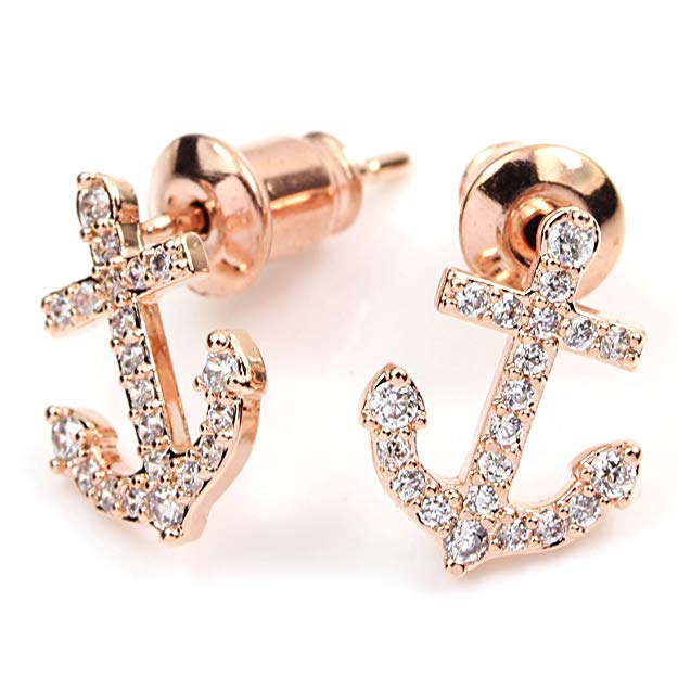 FC JORY White & Rose Gold Plated Crystal Small Diamante Anchor Women Earrings Studs