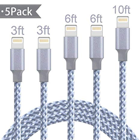 AOFU Phone Cable 5Pack (3/3/6/6/10FT) Nylon Braided USB Charging & Syncing Cord Compatible iPhone X/8/8 Plus/7/7 Plus/6s/6s Plus/SE/iPad iPod Nano-GrayWhite