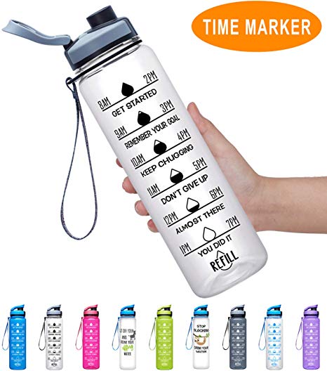 Fidus 32oz Leakproof Tritran BPA Free Water Bottle with Motivational Time Marker to Ensure You Drink Enough Water Daily for Fitness, Gym and Outdoor Sports