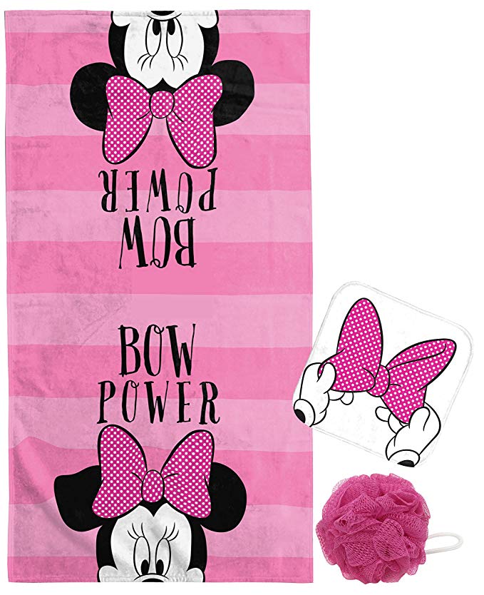 Jay Franco Disney Minnie Mouse Kids Bath/Beach/Spa Bath/Wash Set - Featuring Towel,Washcloth and Loofa - Super Soft & Absorbent Fade Resistant Cotton Towel (Official Disney Product)