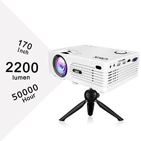 QKK 2200lumen Mini Projector - Full HD LED Video Projector 1080P Supported, 50,000 Hour Lamp Life with 170” Big Display for Home Teather, HDMI, TV, SD Card, AV, VGA, USB x2, iPhone, iPad, Android, PS4