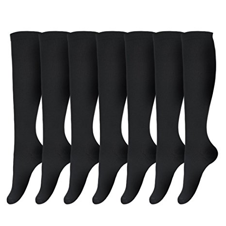 7 Pairs of Upgraded Knee High Graduated Compression Socks For Women and Men - Best Medical, Nursing, Travel & Flight Socks - Running & Fitness - 15-20mmHg
