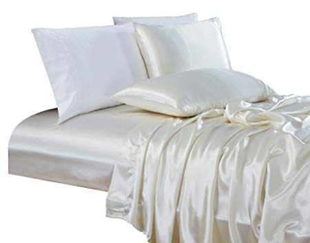 Chezmoi Collection 4-Piece Bridal Satin Solid Color Sheet Set (Queen, Ivory)