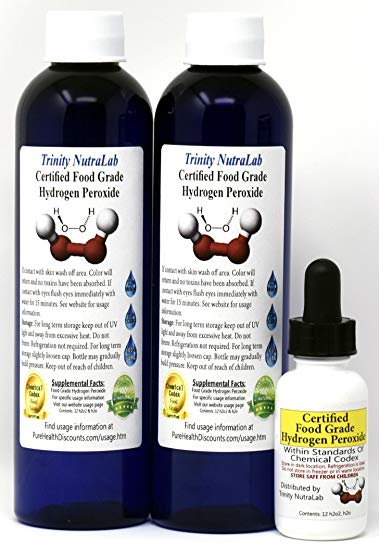Food Grade Hydrogen Peroxide by Trinity NutraLab - Recognized as Highest Quality. Two 8 Fl Oz plus pre-filled dropper bottle 35% reduced to 12%