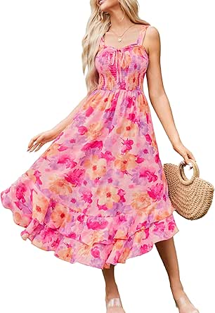 GRACE KARIN Women's 2024 Summer Floral Boho Dress Square Neck Strapped Swing A Line Beach Long Maxi Dress