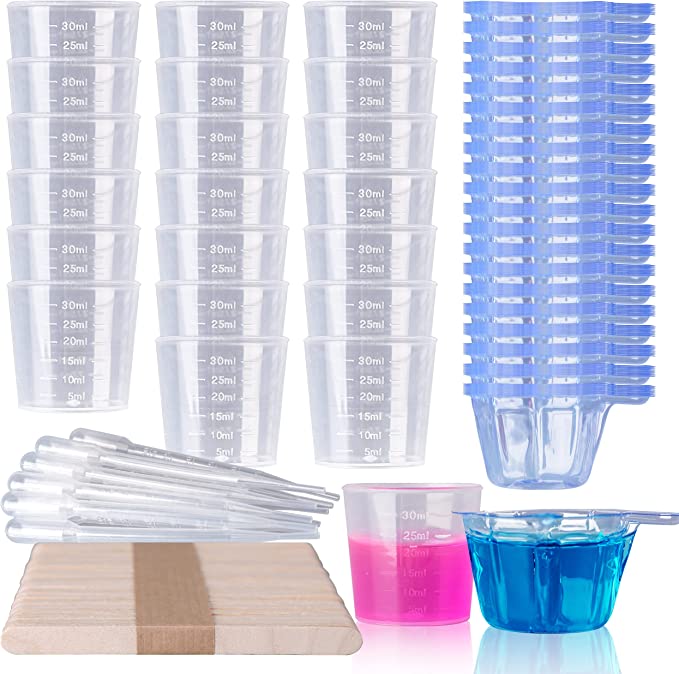 LET'S RESIN Epoxy Mixing Cups Kit,200Pcs Plastic Resin Mixing Cups,30ml Disposable Measuring Cups,50 Wooden Stirring Sticks, Dropper, Mixing Cups for Epoxy Resin, Paint Mixing, Jewelry Making