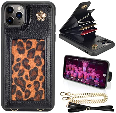 JLFCH iPhone 11 Pro Max Wallet Case, iPhone 11 Pro Max Crossbody Case with Credit Card Slot Holder Leopard Print Protective Cover for iPhone 11 Pro Max, 6.5 inch - Black