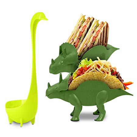 Dinosaur Taco Holder Set by East World – Tacosaur Twins with BONUS BrontoSpoon - 2x Dino Stands for 4x Jurassic Tacos! Triceratops Taco Stand Holder, Plastic Novelty Taco Plates for Kids or Taco Truck