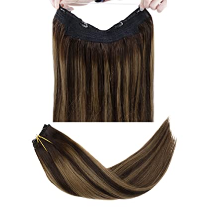 LaaVoo 20" Remy Flip Human Hair Extensions Dark Brown Highlight Ombre Dark Brown Fading to Light Brown and Dark Brown Halo Straight Hair 100g 11inch Width…