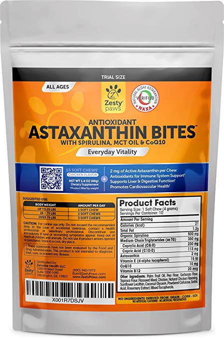 Zesty Paws Antioxidant Astaxanthin for Dogs - Immune, Hip & Joint, Cardiovascular & Digestive Support Supplement - with CoQ10 & Organic Spirulina   Coconut MCT Oil & Vitamins E and B12-90 Chew Treats