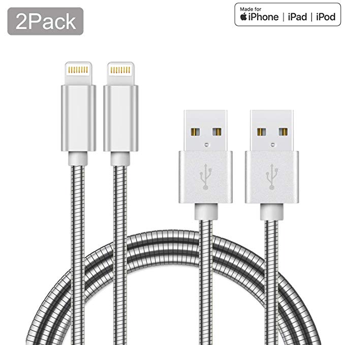 Metzonic Apple MFi Certified iPhone Charger 2 Pack 6.6Feet Metal Stainless Steel Braided USB Charging Cable High Speed Connector Data Sync Transfer Cord Compatible with iPhone/iPad (Silver, 6.6 ft)