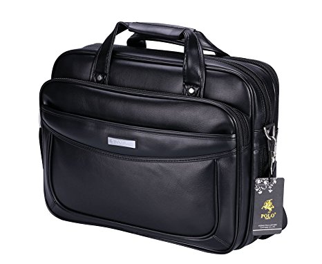 VIDENG POLO Leather Laptop Briefcase Shoulder Bag Handbag Large Capacity & Multifunctional Messenger for Business Travelling (C-Black)