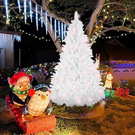 8ft Snow Flocked Artificial Christmas Tree - Xmas Pine Tree with Metal Hinges Foldable Base PVC Material Unlit Xmas Tree for Holiday Indoor Outdoor Decoration Home Party 1200 Branch Tips