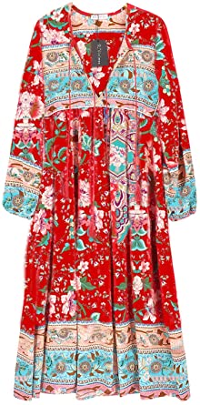 R.Vivimos Women's Long Sleeve Floral Print Retro V Neck Tassel Bohemian Midi Dresses