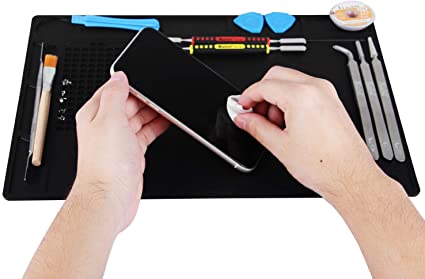 Kaisi Black Heat Insulation Silicone Repair Mat with Scale Ruler and Screw Position for Soldering Iron, Phone and Computer Repair (13.7 x 9.8in)