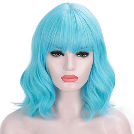 AISI HAIR Short Bob Wavy Wig with Bangs Light Blue Wig for Women Synthetic Cosplay Heat Resistant Fiber Hair Shoulder Length 14Inches 180Grams