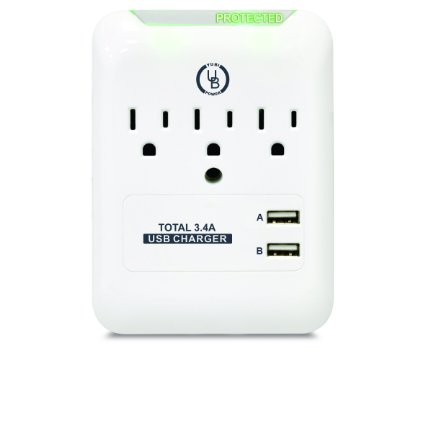 Yubi Power Slim Surge Protector - White - UL Listed - With 3 AC Plug Outlet Plus 2 USB Ports- 34 Amp Outlet - For Charging iPhone 5S 5C 5 4S 4 and 3GS iPad 1 2 and 3 iPad mini Samsung Galaxy S5 S4 S3 S2 Blackberry Tab 2 Playbook HTC Flyer - Wall Mounted