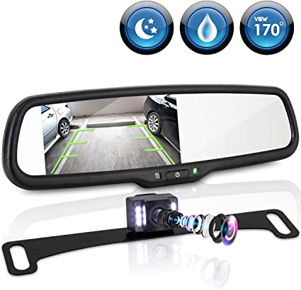 Rear View Backup Camera System - Parking Reverse Car Vehicle Rearview Back Up w/ 4.3” LCD Mirror Monitor Kit, Distance Scale Lines, Tilt Adjustable Cam Angle, Mounts on License Plate - Pyle PLCM4565