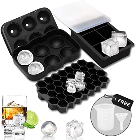 Ice Cube Tray, AiBast Ice Trays for Freezer With Lid, 3 Pack Silicone Large Round Ice Cube Tray,Sphere Square Honeycomb Ice Trays for Whiskey With Covers&Funnel,Reusable Ice Cube Trays BPA-Free Black