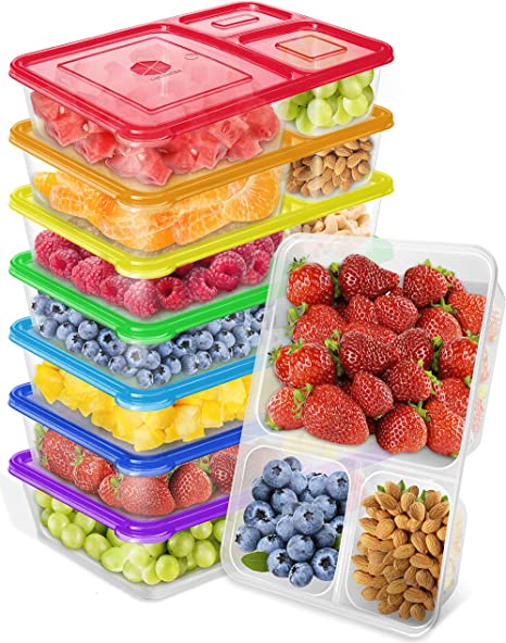 LUCENTEE 7-Pack Snack Containers - Bento Snack Box - Snack Containers - Lunch Containers Snack Container, 3 Compartment Food Container, Lunch Box, Bento Box, Meal Prep Container