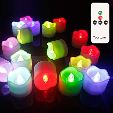 Topstone Remote Control Tea Lights,Battery Powered Votive Candles with Timer,Color Changing Flickering Lights in Wave Open Style,for Wedding,Christmas Decoration,Pack of 12 (Wave Open Style)
