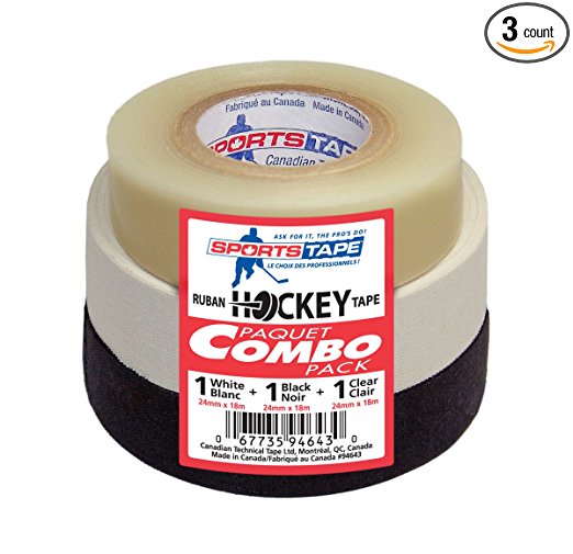 Hockey Tape Combo Pack - One Black Tape, One White Tape and One Clear Hockey Tape - Made in North America Specifically for Hockey