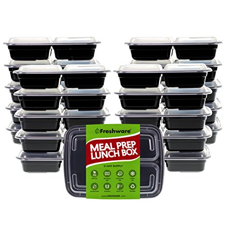 Freshware Meal Prep Containers [21 Pack] 3 Compartment with Lids, Food Storage Bento Box | BPA Free | Stackable | Lunch Boxes, Microwave/Dishwasher/Freezer Safe, Portion Control, 21 day fix (24 oz)