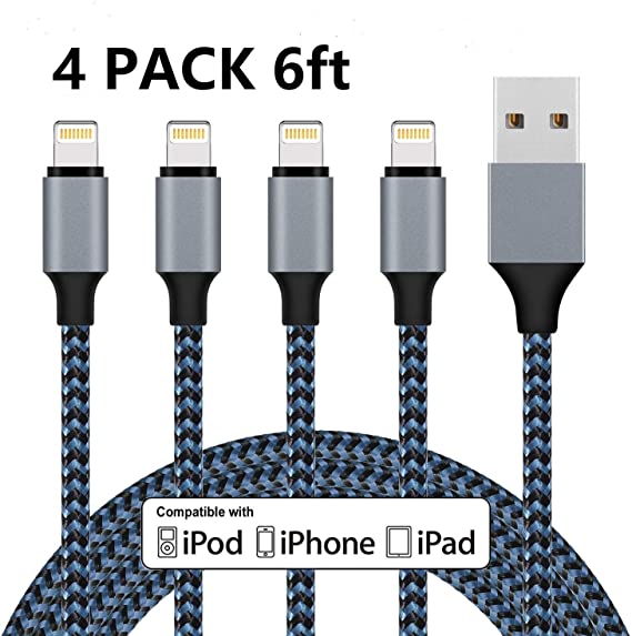 Sundix iPhone Charger, 4Pack 6FT Nylon Braided Lightning cable iPhone Charging Cable Compatible iPhone 11/11 Pro Max/XS MAX/XR/XS/X/8/7/Plus/6S/iPad-Blue Black