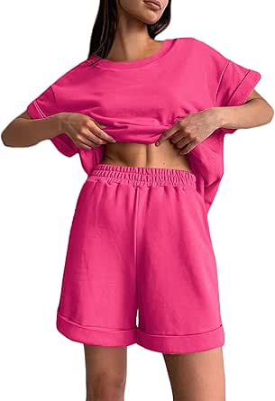 Ekouaer Shorts Pajama Set for Women Soft Casual Lounge Sets Short Sleeve 2 Piece Outfits with Pockets S-XXXL