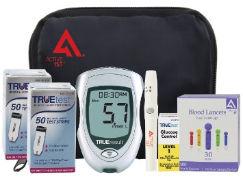 active1st TrueTest Complete Diabetes Testing Kit 100 Count TrueResult Meter 100 Test Strips 100 30g Lancets Lancing Device Control Solution Owners ManualLog Book
