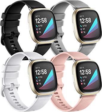 Maledan Compatible with Fitbit Sense/Fitbit Versa 3 Bands Women Men, Soft Silicone Adjustable Waterproof Sport Band Strap Replacement Wristband Accessories for Fitbit Versa 3/Sense Smart Watch, 4 Pack