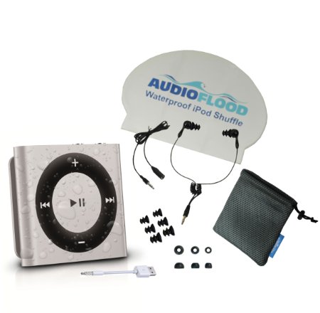 Waterproof Apple iPod Shuffle by AudioFlood with True Short Cord Headphones - Highest Rated Waterproof MP3 Player on Amazon