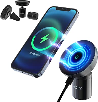 KOTO Aluminum Magnetic Wireless Car Charger, Compatible with iPhone Mini/12/12 Pro/Pro Max/Magsafe Case, 15W Fast Charging Car Mount Stand with Secure Air Vent Clamp (Black)