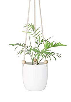 Mkono Ceramic Hanging Planter Macrame Plant Holder Succulent Flower Pot with Wood Beads