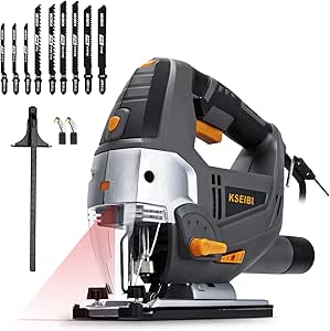 KSEIBI 714011 Jig Saw Corded Electric Machine Tool 6.5A, with Laser & LED, 6 Variable Speed, 9 Tool-Free Blades, ±45° Bevel and Straight Cutting, 4 Orbital Settings and, 8 Feet Cord - KST 110V