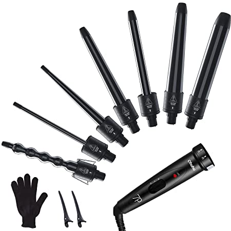 7 in 1 Curling Iron Wand Set, Ohuhu Upgrade Curling Wand 7Pcs 0.35 to 1.25 Inch Interchangeable Ceramic Barrel Heat Protective Glove, Dual Voltage Hair Curler for All Hair Type, Black, Christmas Gift